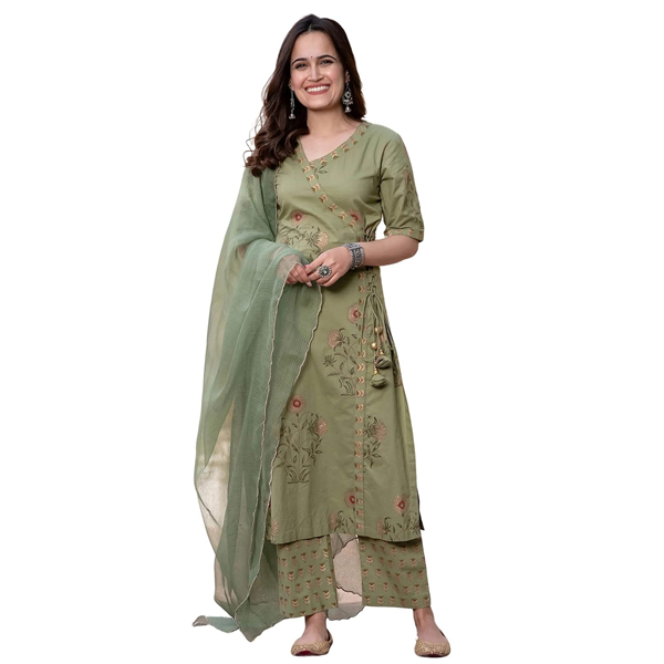 FAADDICTION Women's Rayon Kurta Set with Palazzo pant and Dupatta - Green