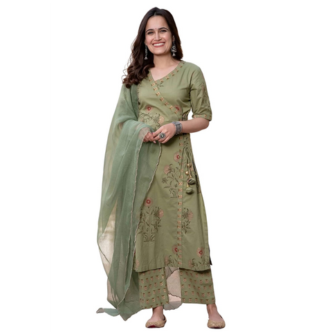 FAADDICTION Women's Rayon Kurta Set with Palazzo pant and Dupatta - Green